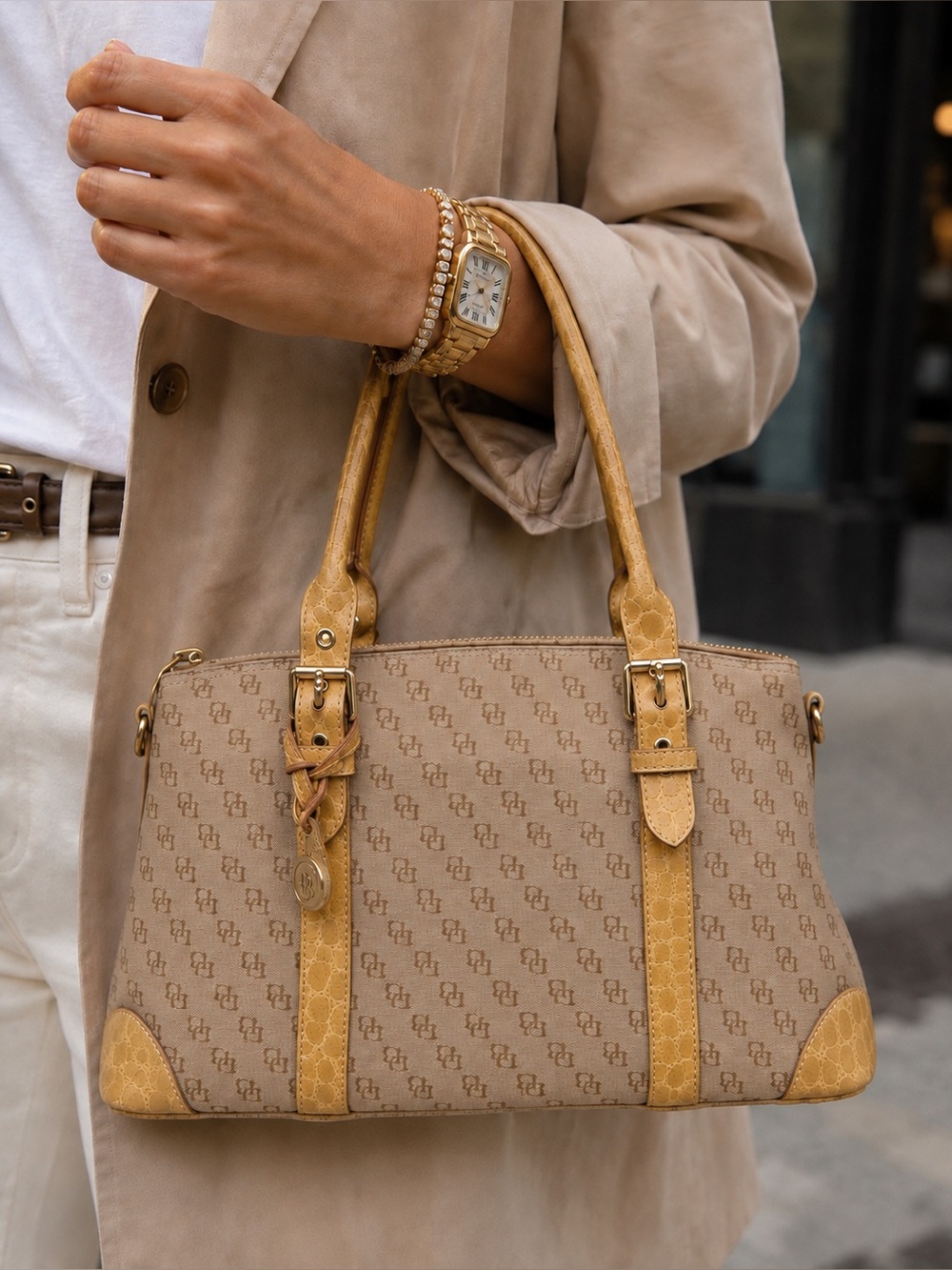 DOONEY & BOURKE Vintage Tan Signature Jacquard Croc Leather Trim Satchel Bag